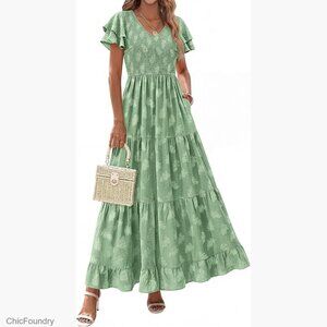 Maxi Dress with Ruffle Sleeves, V Neck, Smocked Bodice, Pockets